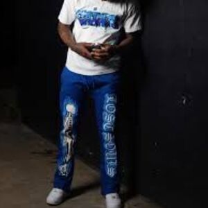 Soleboy Blue and white Lost Souls puff print flame skeleton sweatpants Deadstock